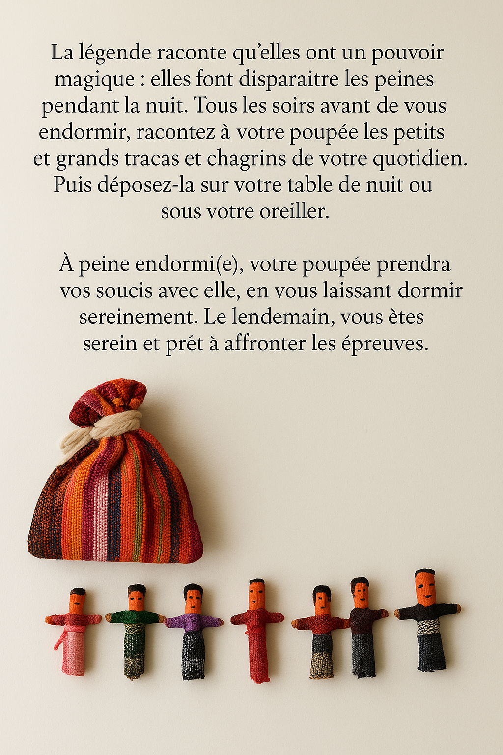 Poupées tracas du Guatemala artisanales. Lot de 6 poupées quitapenas avec leur pochette tissée, accompagnées de la légende sur leur pouvoir magique pour chasser les soucis la nuit.