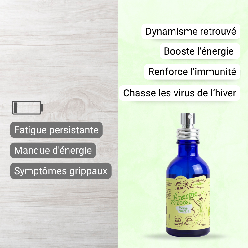 L'Énergie Boost agit comme un soutien pour booster le système immunitaire et combattre la fatigue physique lors des changements de saison.
