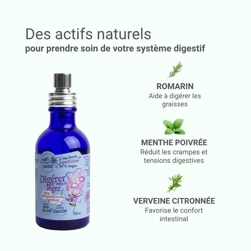 Le flacon 50ml facile à transporter et sans alcool, idéal pour la digestion difficile en voyage.