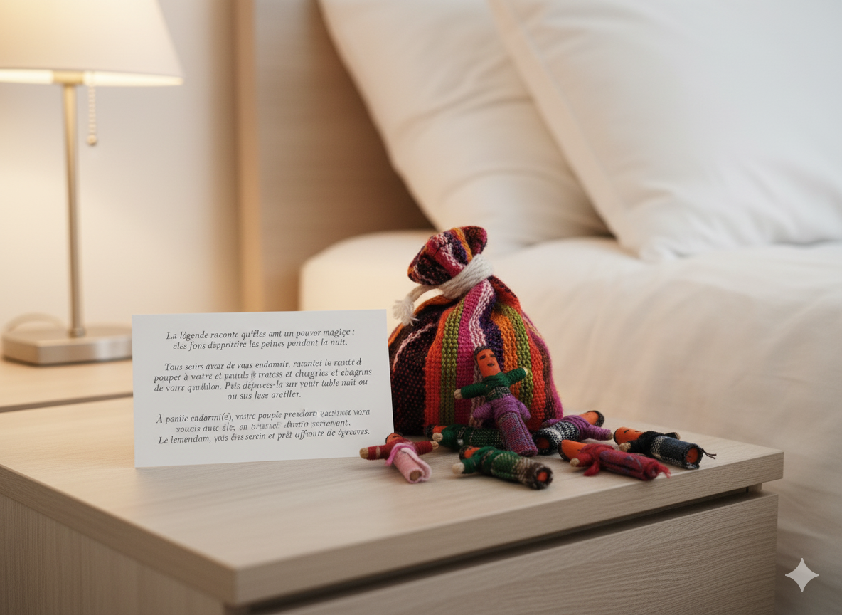 Mise en scène d'utilisation des poupées tracas (quitapenas) posées sur une table de nuit près d'un lit, évoquant leur utilisation pour un sommeil serein.