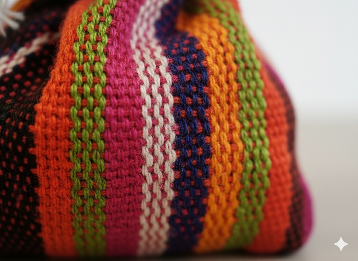 Détail en gros plan de la pochette de rangement tissée à la main pour les poupées tracas. Met en valeur les couleurs vives et la texture de l'artisanat du Guatemala.