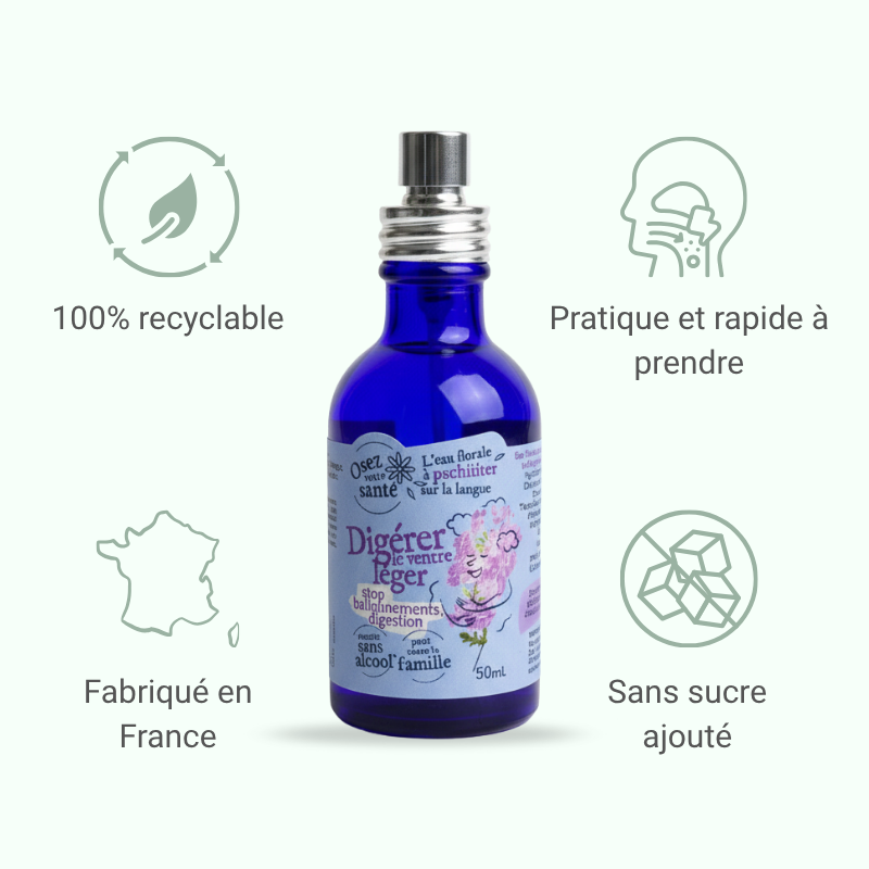 Les hydrolats Bio de Verveine, Menthe et Romarin contenus dans le complément pour un effet apaisant.