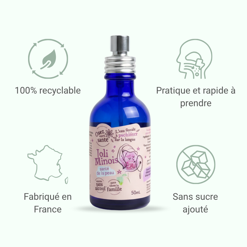 Synergie d'hydrolats Bio de Rose de Damas (hydratation), Hamamélis (rougeurs) et Géranium Rosat (éclat) pour une peau nette.