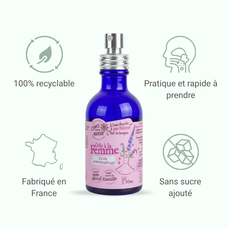 Synergie des hydrolats Bio de Sauge Sclarée, Géranium Rosat et Romarin pour un équilibre hormonal naturel et une réduction des bouffées de chaleur.
