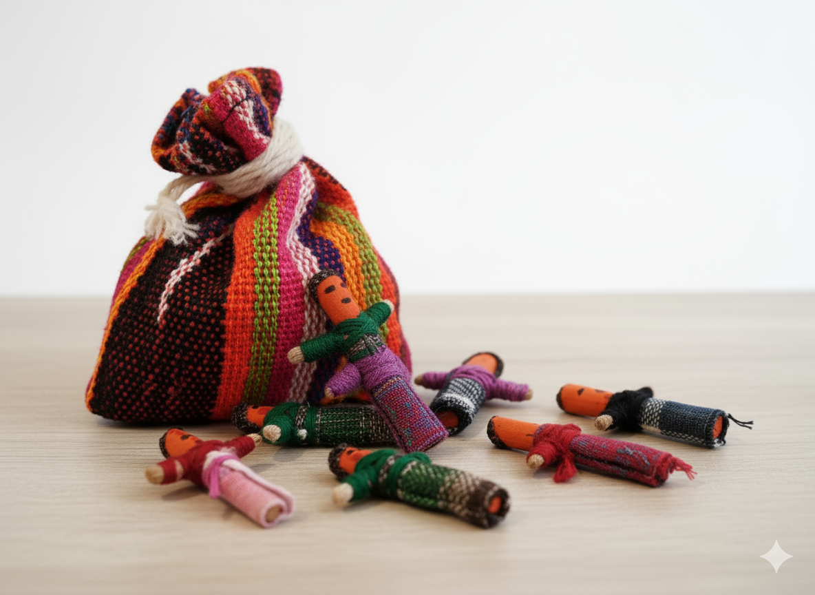 Lot complet de 6 petites poupées tracas du Guatemala (quitapenas) en tissu coloré. Le produit inclut la pochette de rangement artisanale.