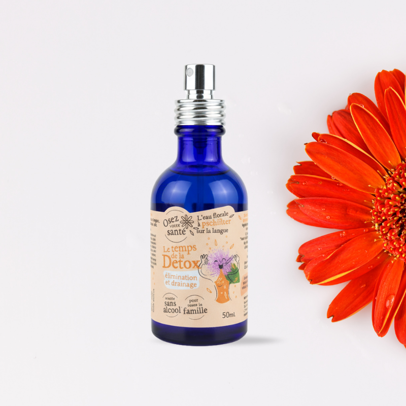 Flacon spray 50ml Le Temps de la Détox de la marque Osez Votre Santé, format sans alcool pour la détoxification quotidienne.