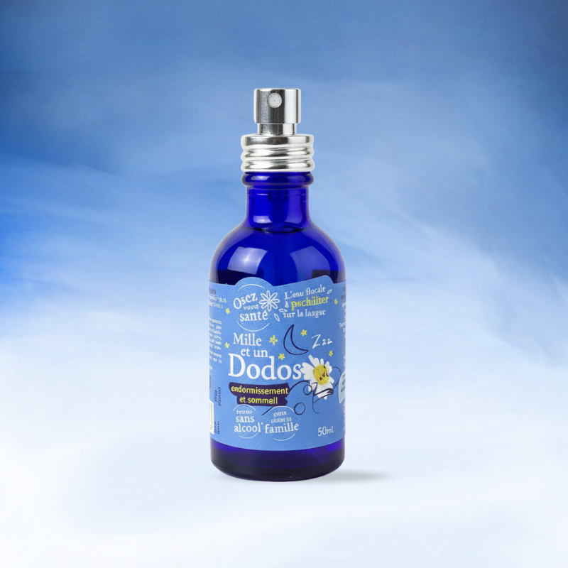 Flacon spray 50ml Mille et un Dodos de la marque Osez Votre Santé, complément sans alcool pour le bien-être nocturne de toute la famille.