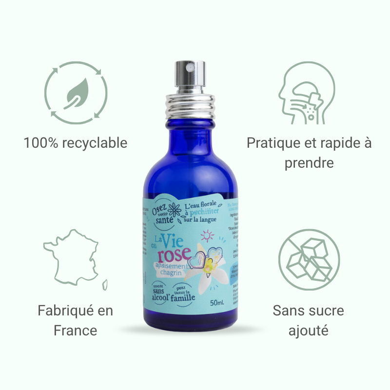 La Vie en Rose renforce l'optimisme naturel et la stabilité intérieure, aidant à se recentrer sans effet secondaire ni alcool.