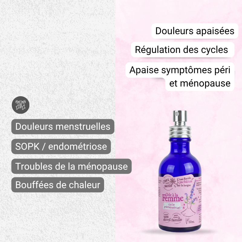 Utilisation du spray sublingual d'hydrolats pour atténuer les douleurs et les crampes menstruelles (dysménorrhée) liées au cycle féminin.