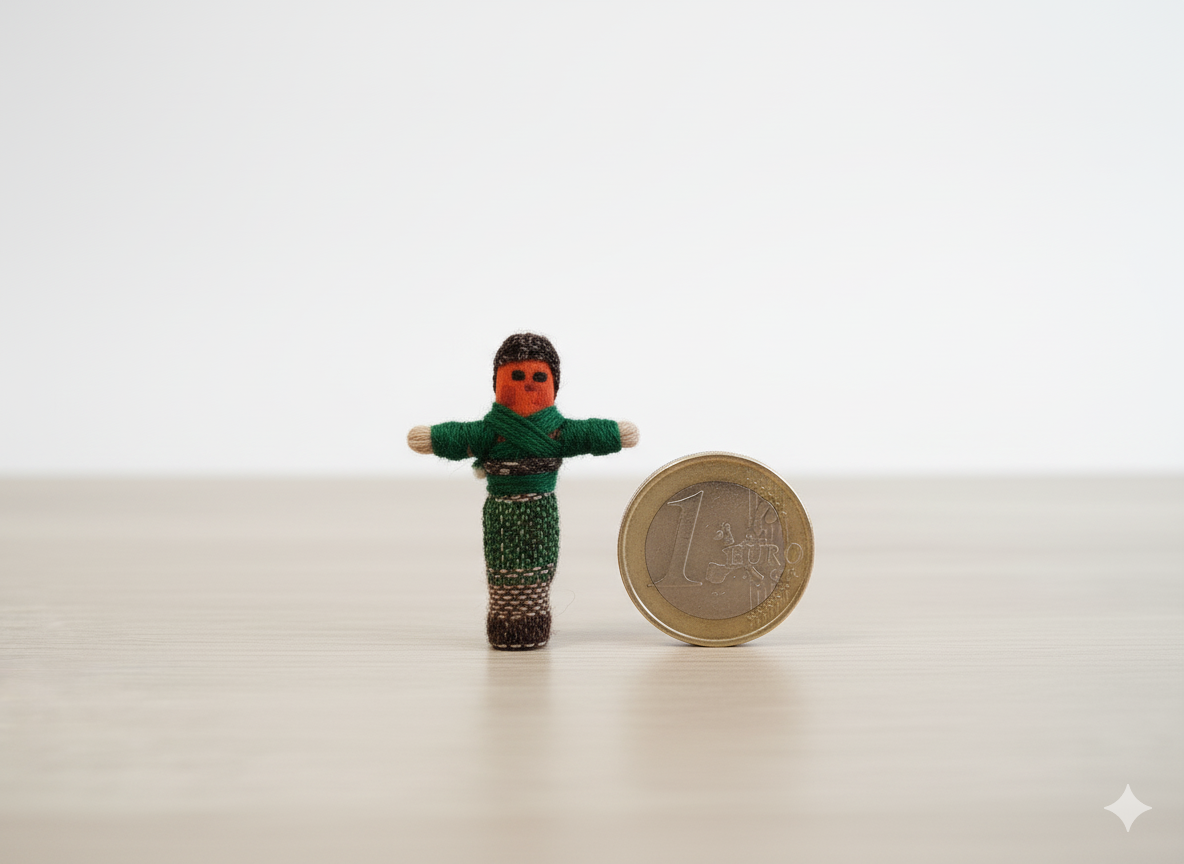 Photo de l'échelle montrant la petite taille d'une poupée tracas du Guatemala (quitapenas), posée à côté d'une pièce de 1 euro pour référence de dimension.